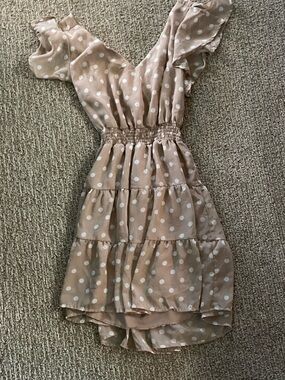 Source Unknown Taupe Polka Dot Tiered Midi Dress